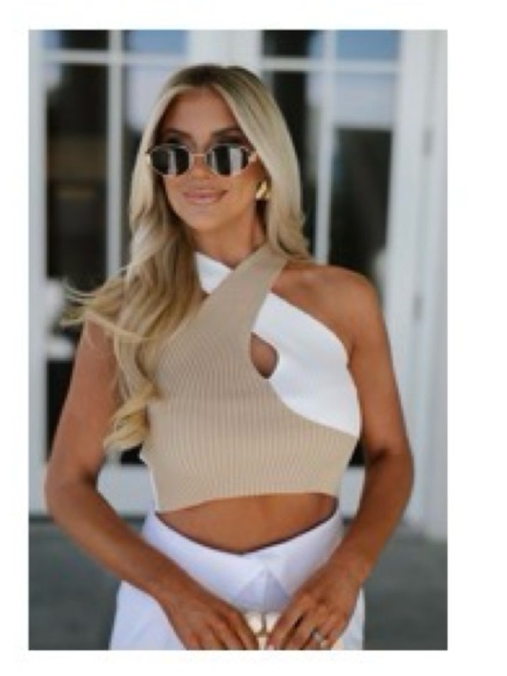 Two-Tone Twist Ribbed Crop Top - Beige & White